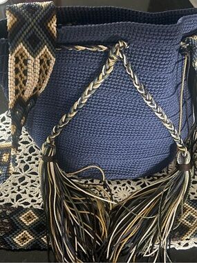 Handwoven Navy Blue Bucket Bag with Braided Tassels